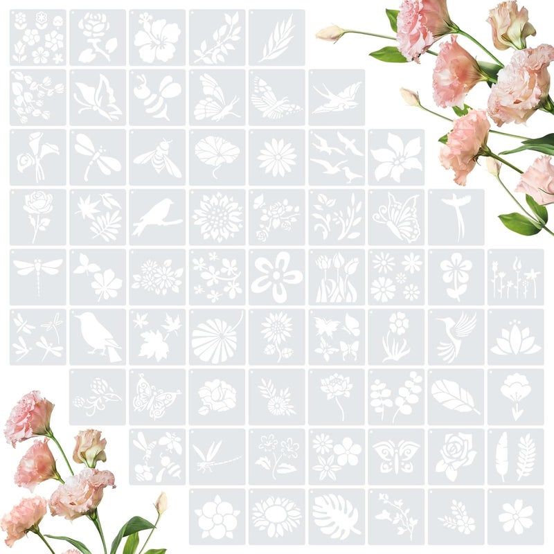 Amrules 65 Pcs Painting Stencils, Flowering Plants Theme Drawing Templates Set for Crafts, Reusable DIY Art Stencil Sets for Wood, Walls, Cards, Fabrics, Rocks and Home Decoration, 4 x 4 Inch - Image 1